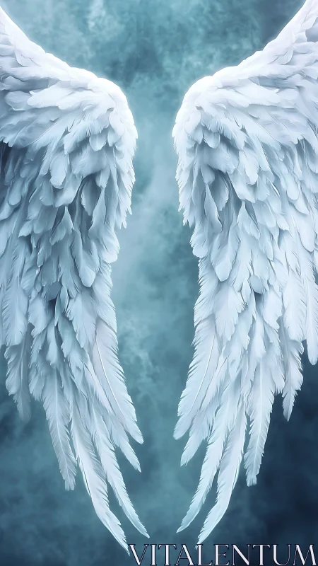 Angel wings glow against stormy teal misted background.