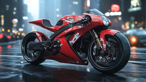 Crimson street racer gliding through a rain lit city night.