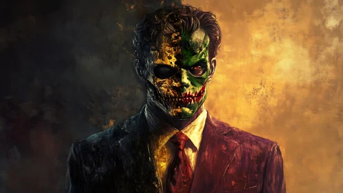 Dual-faced villain stands between chaos and calm light