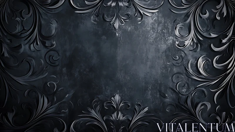 Baroque steel filigree frame on distressed graphite surface.