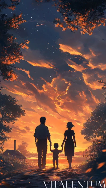 Silhouetted family walks toward vivid orange sunset sky.