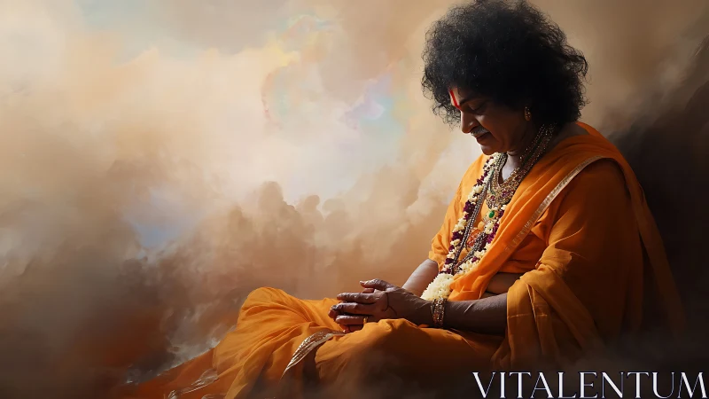 Meditative guru in saffron robes amid luminous swirling clouds.