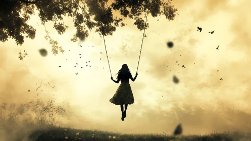 Silhouetted girl on swing against golden sky at dusk.