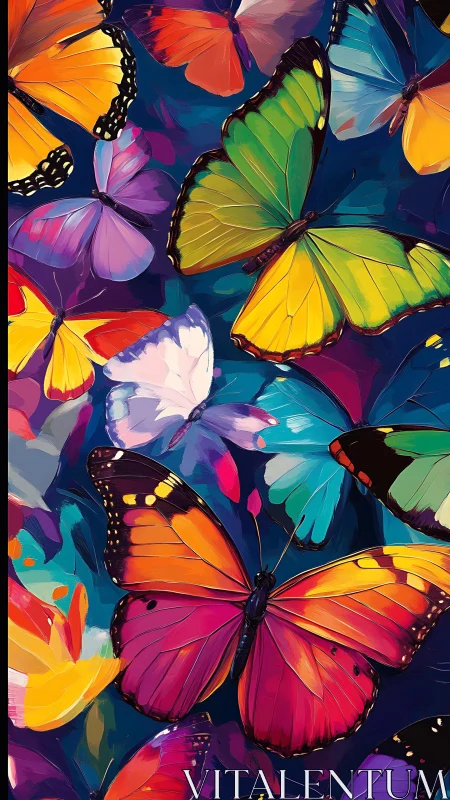 Vibrant multicolored butterflies glide across deep blue air