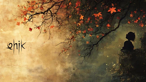 Solitary silhouette under glowing autumn canopy at dusk