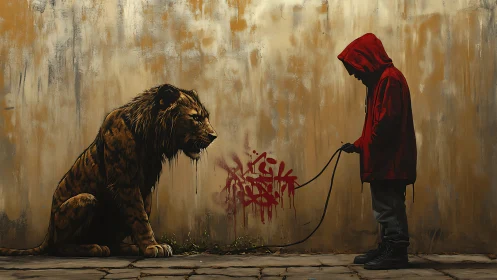 Figure in red jacket holds leash connected to large lion against weathered wall