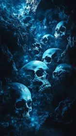 Blue ethereal skull cavern with rising ghostly mist.