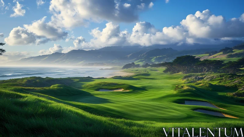 Coastal golf course unfolds beneath dramatic clouds at sunrise