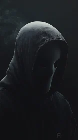 Hooded figure with matte mask rendered in low key volumetric lighting