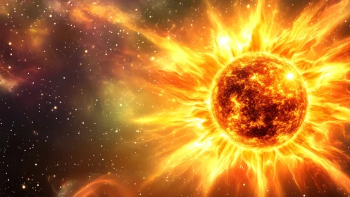 Solar flare eruption illuminating a dense starfield backdrop.