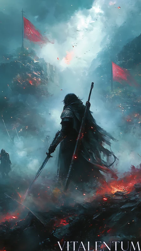 Lone cloaked warrior surveys burning battlefield under red flags