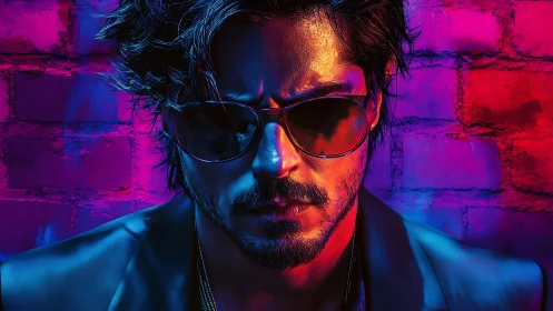 Neon-lit rebel in shades stares with intense attitude.