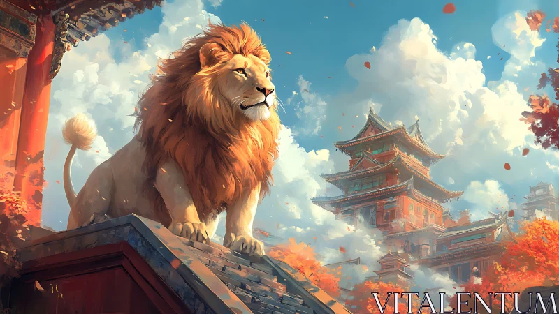 Regal lion overlooking autumnal Eastern palace terraces.