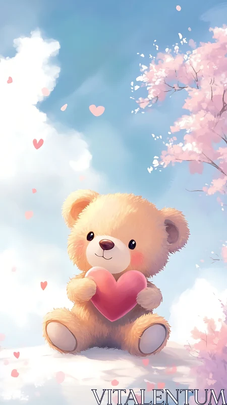 Cute teddy bear holding pink heart under pastel sky.