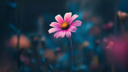 Pink daisy with yellow center against blurred blue background.