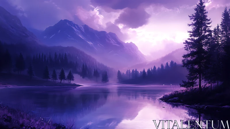 Digital painting of violet alpine lake with misted pines.