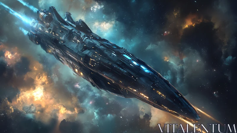 Interstellar warship cuts diagonally through luminous nebular field