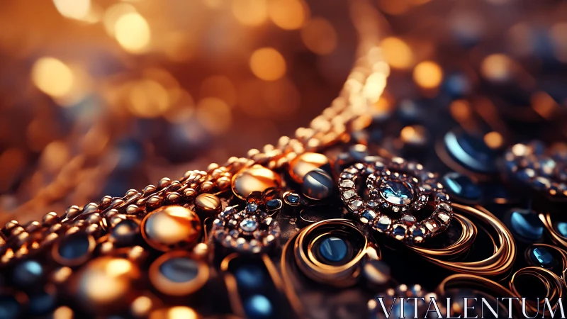 Macro view of ornate gold and sapphire jewelry bokeh background.