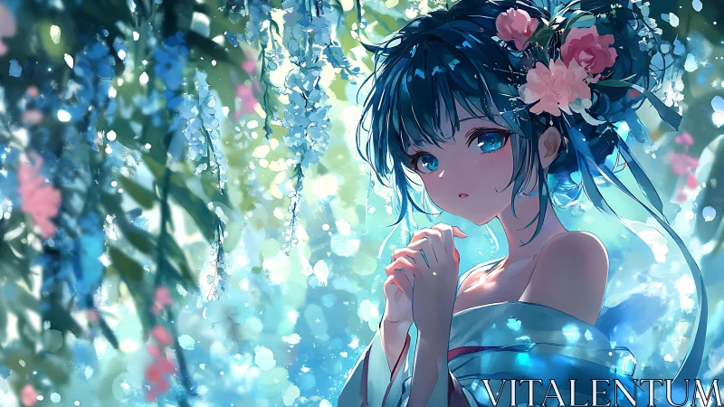 Soft garden light around a blue haired girl in blossoms.