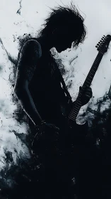 Silhouetted guitarist stands in black ink-like abstract shapes