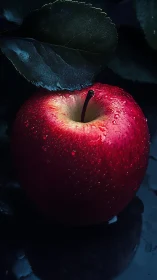 Moonlit crimson apple glows beneath a shadowed leaf.
