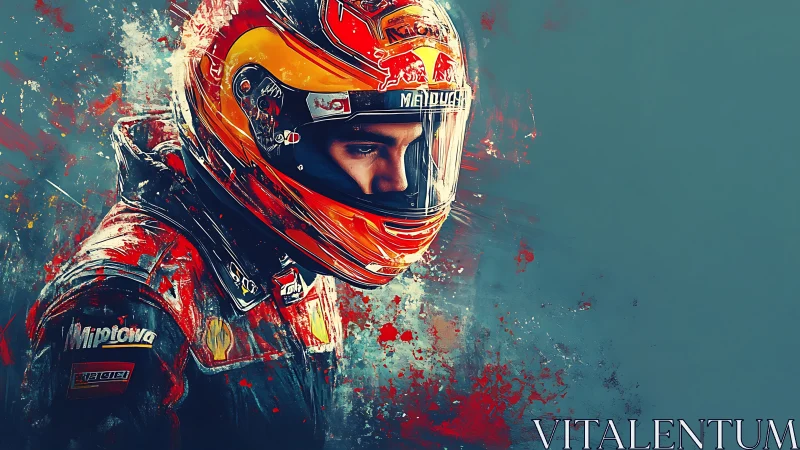 Digital portrait of helmeted racing driver in profile view.