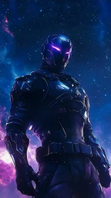 Starlit cyber sentinel pauses proudly above a nebula sea