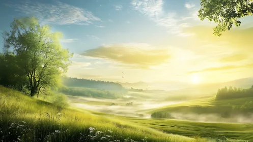 Sunlit misty valley landscape with rolling grass hills at dawn