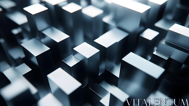 Gleaming metallic blocks rise in a calm abstract cityscape
