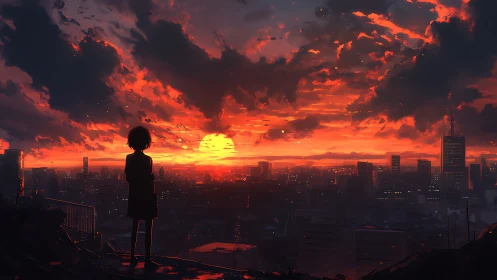 Solitary rooftop dreamer beneath a wildfire city sunset.