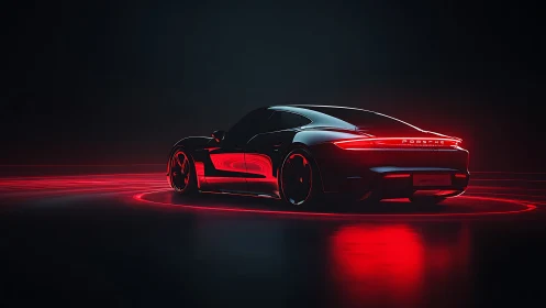 Sleek sports car glides through neon red light trails at night