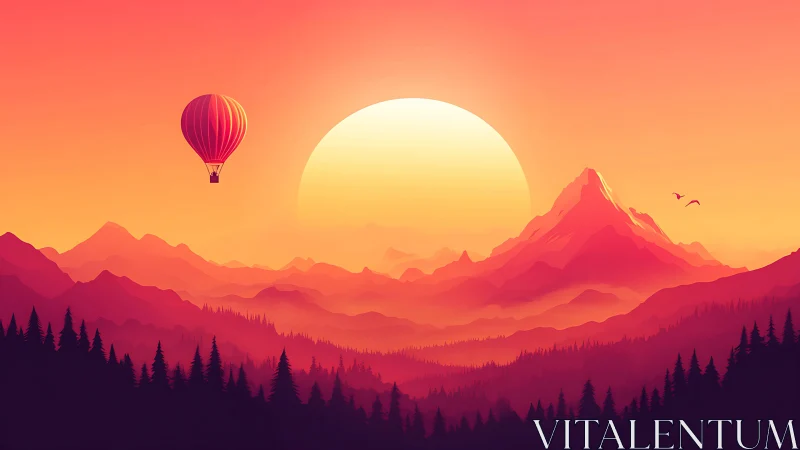 Radiant hot air balloon drifts across glowing sunset peaks
