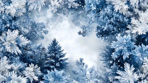 Radial fractal canopy of frosted conifers in winter vortex.