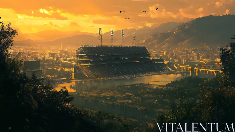 Sunlit riverside stadium dominates dense valley metropolis at dusk