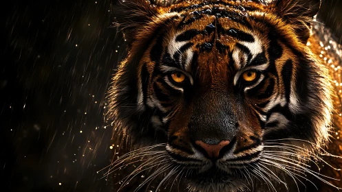 Tiger stares through rain with glowing amber eyes at dusk.