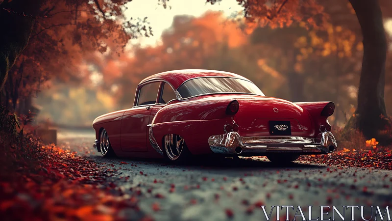 Crimson lowrider drifts through hush-tinted autumn daydreams.