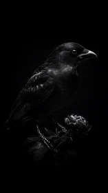 Black Raven Perched On Thorned Branch. Sharp Detail.