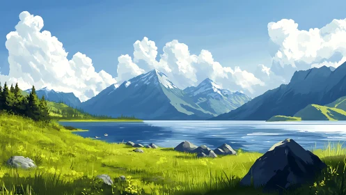 Mountain lake landscape shows sunlit grass, rocks and clouds