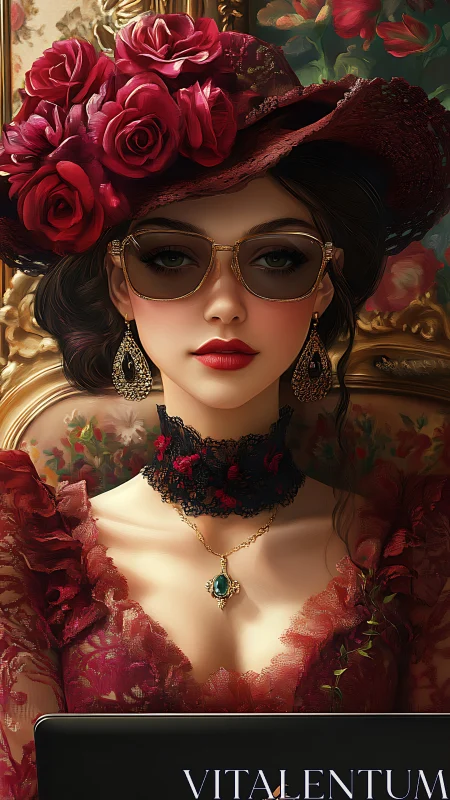 Victorian digital muse in crimson lace and rose hat.