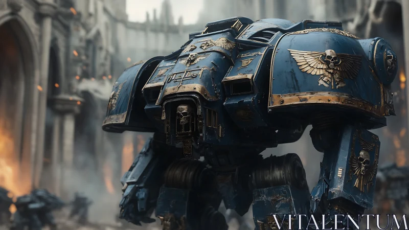 Battle-scarred blue war mech guarding a crumbling citadel.