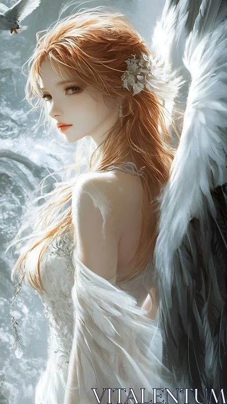 Ethereal winged maiden in luminous winter radiance.
