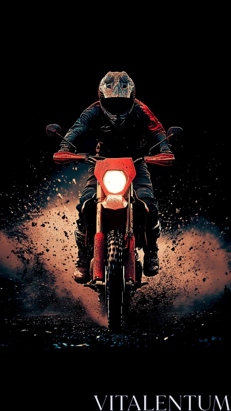 Midnight dirt rider bursts through sparks of flying earth.