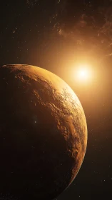 Cinematic 3D rendering of sunlit red planet in deep space.
