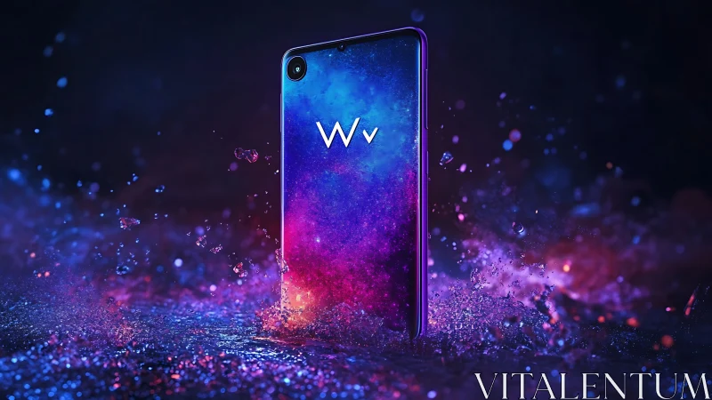 Smartphone with neon galaxy display in liquid splash environment.