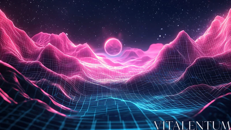 Neon wireframe sci fi mountains under glowing digital moon.
