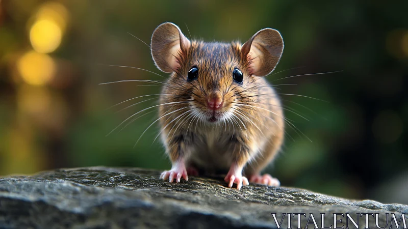 Macro wildlife study isolates mouse on stone with bokeh field