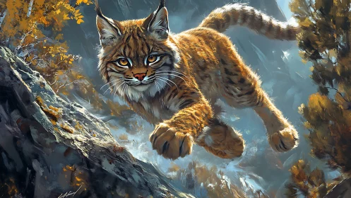 Golden Lynx Prowling Through Mountain Wilderness.