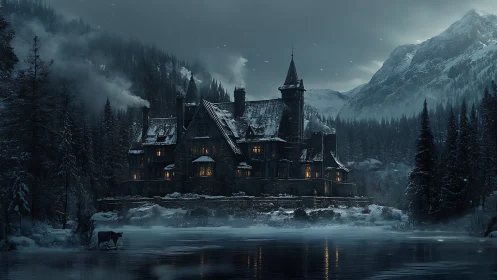 Winter-lit mountain manor hums quietly beside the frozen lake