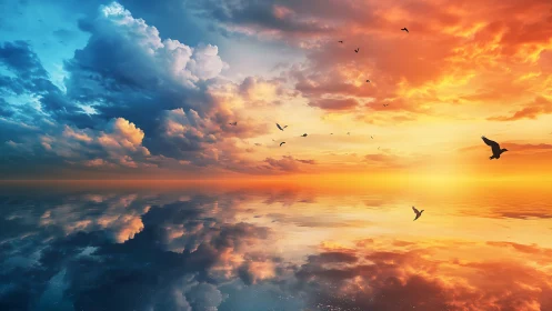 Sunset sky reflects over still water beneath flying birds