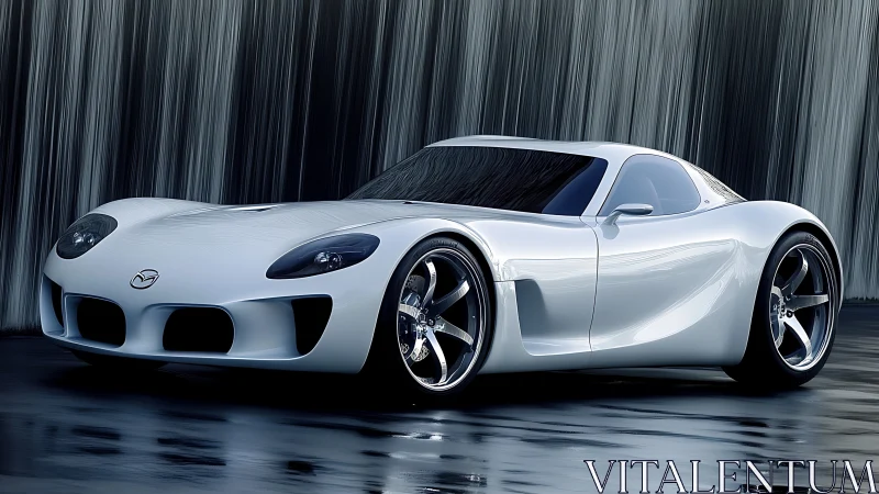 Sculpted white sports coupe under cascading light curtain.